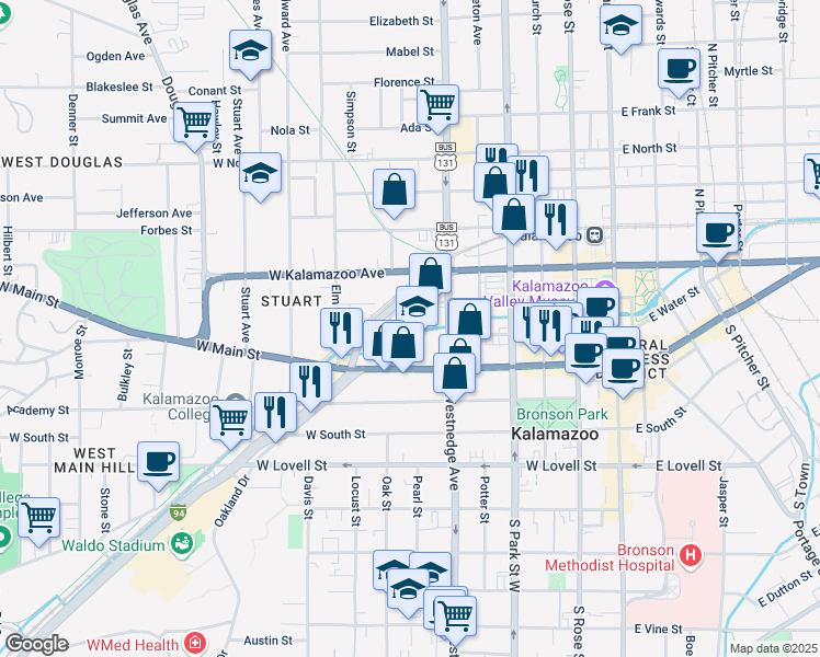 map of restaurants, bars, coffee shops, grocery stores, and more near 205 Old Orchard Place in Kalamazoo