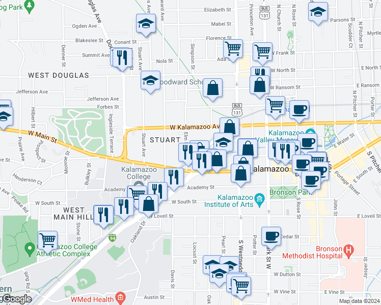 map of restaurants, bars, coffee shops, grocery stores, and more near 127 Elm Street in Kalamazoo