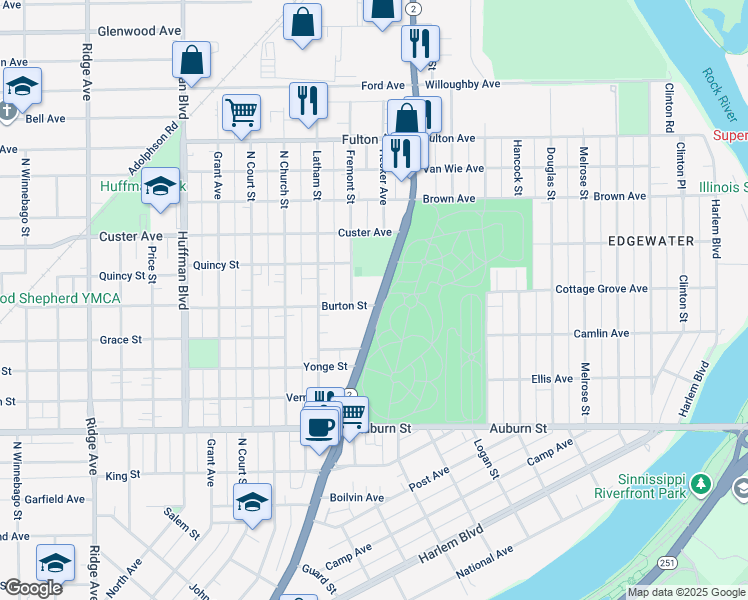 map of restaurants, bars, coffee shops, grocery stores, and more near 1904 North Main Street in Rockford