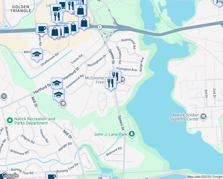map of restaurants, bars, coffee shops, grocery stores, and more near 51 Fairway Circle in Natick