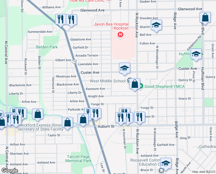 map of restaurants, bars, coffee shops, grocery stores, and more near 2811 Kenmore Avenue in Rockford