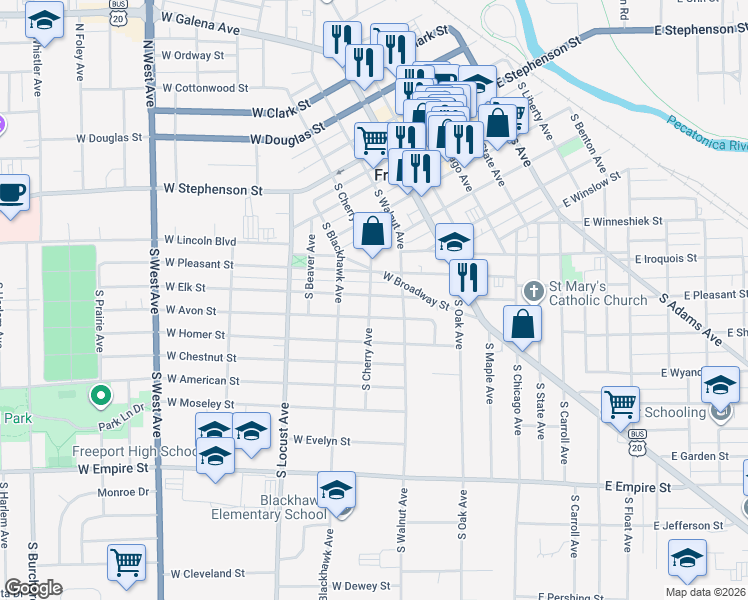 map of restaurants, bars, coffee shops, grocery stores, and more near 317 West Elk Street in Freeport