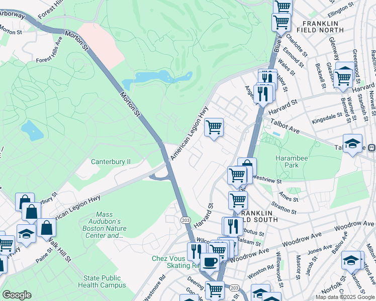 map of restaurants, bars, coffee shops, grocery stores, and more near 3 Kingbird Road in Boston
