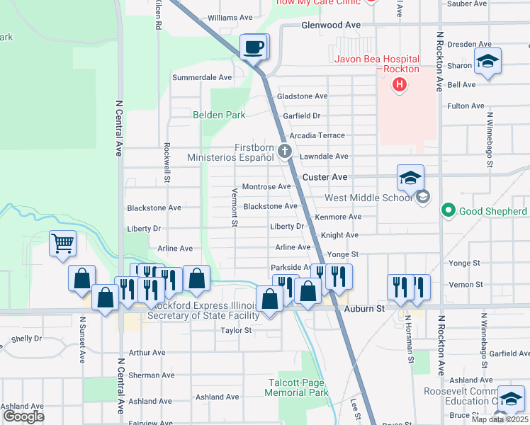 map of restaurants, bars, coffee shops, grocery stores, and more near 3202 Blackstone Avenue in Rockford