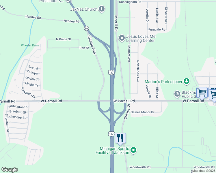 map of restaurants, bars, coffee shops, grocery stores, and more near 3335 Clinton Way in Jackson