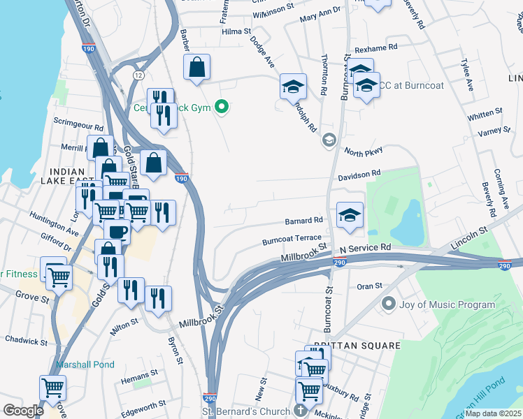 map of restaurants, bars, coffee shops, grocery stores, and more near 68 Barnard Road in Worcester