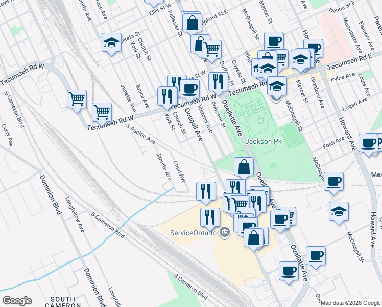map of restaurants, bars, coffee shops, grocery stores, and more near 2237 Church Street in Windsor