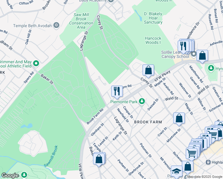map of restaurants, bars, coffee shops, grocery stores, and more near 17 Kiernan Road in Boston