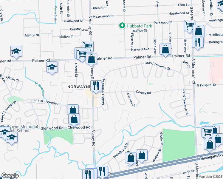 map of restaurants, bars, coffee shops, grocery stores, and more near 32604 Montmorency in Westland