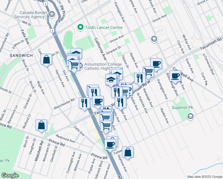 map of restaurants, bars, coffee shops, grocery stores, and more near 1375 California Avenue in Windsor