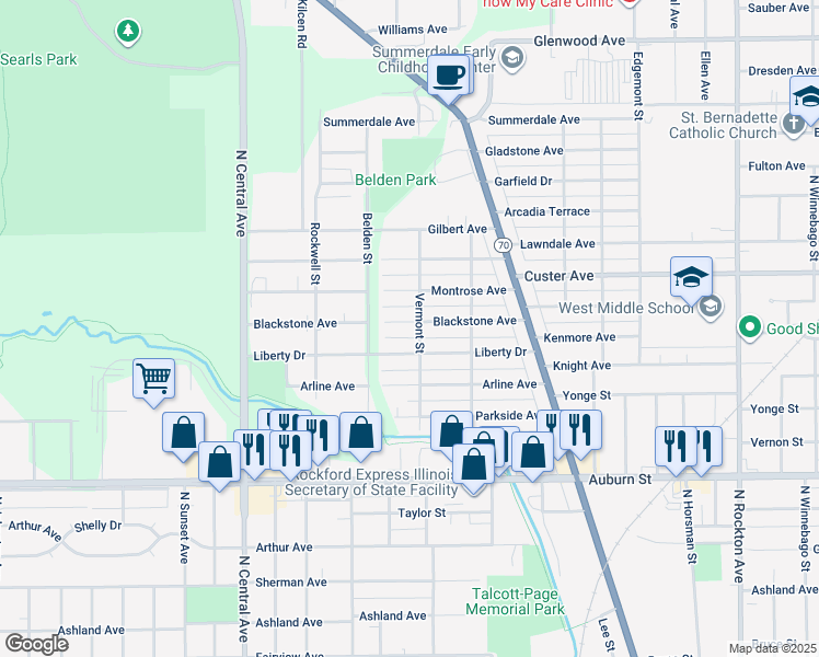 map of restaurants, bars, coffee shops, grocery stores, and more near 3308 Blackstone Avenue in Rockford