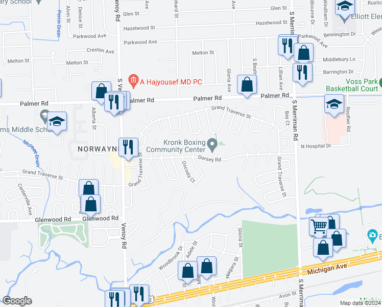 map of restaurants, bars, coffee shops, grocery stores, and more near 32203 Ontonagon Street in Westland