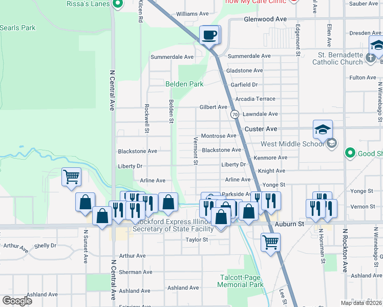 map of restaurants, bars, coffee shops, grocery stores, and more near 3308 Blackstone Avenue in Rockford