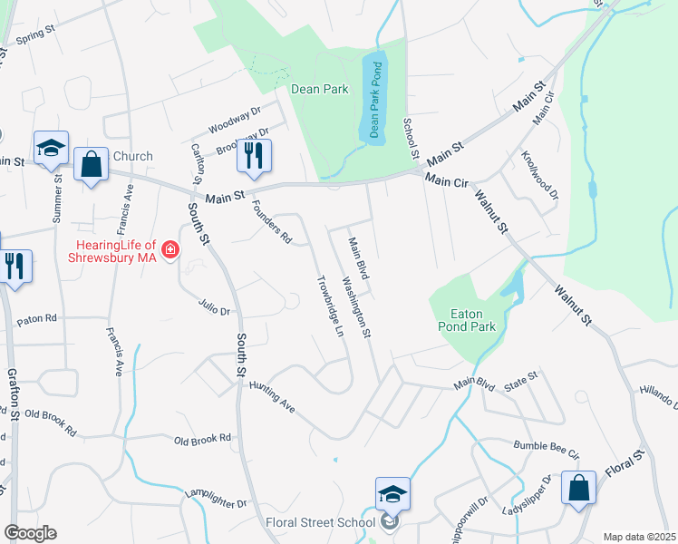 map of restaurants, bars, coffee shops, grocery stores, and more near 30 Washington Street in Shrewsbury