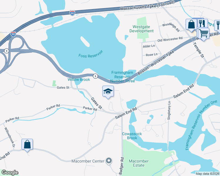map of restaurants, bars, coffee shops, grocery stores, and more near 1500 Worcester Road in Framingham