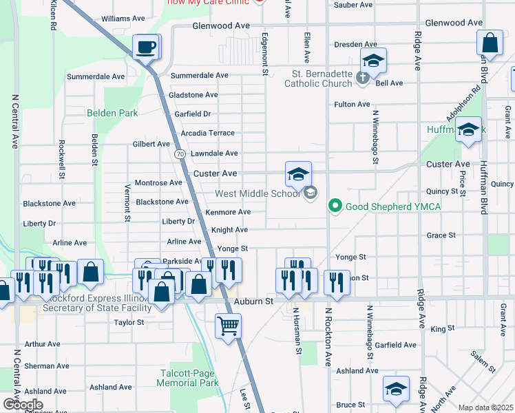 map of restaurants, bars, coffee shops, grocery stores, and more near 2820 Kenmore Avenue in Rockford