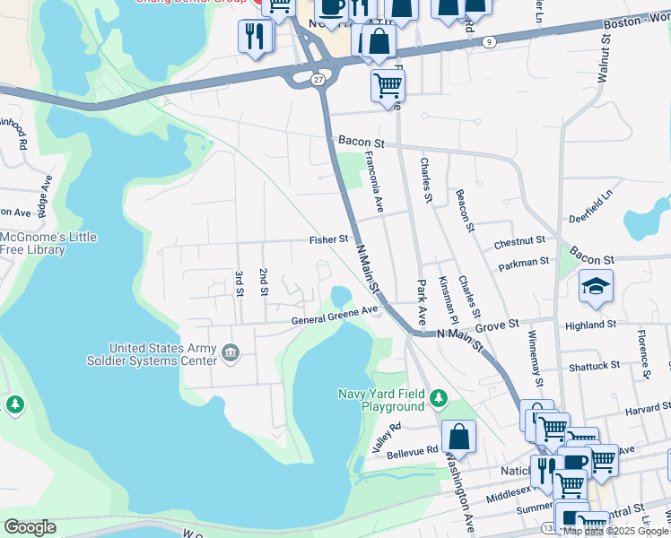map of restaurants, bars, coffee shops, grocery stores, and more near 6 Heritage Lane in Natick