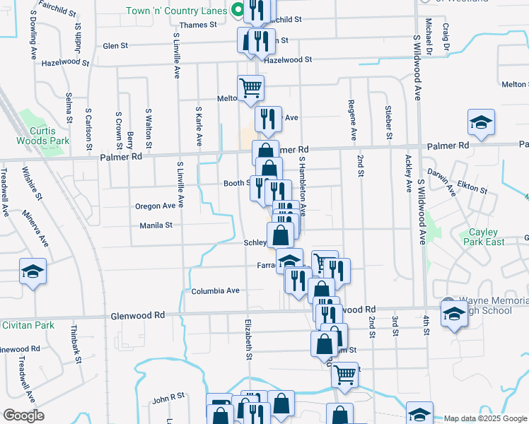 map of restaurants, bars, coffee shops, grocery stores, and more near 2220 South Wayne Road in Westland