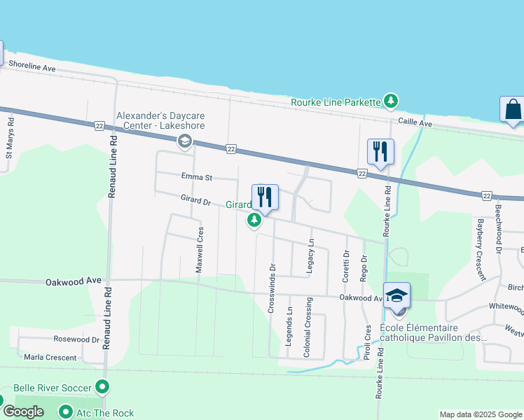 map of restaurants, bars, coffee shops, grocery stores, and more near 1412 Girard Drive in Lakeshore