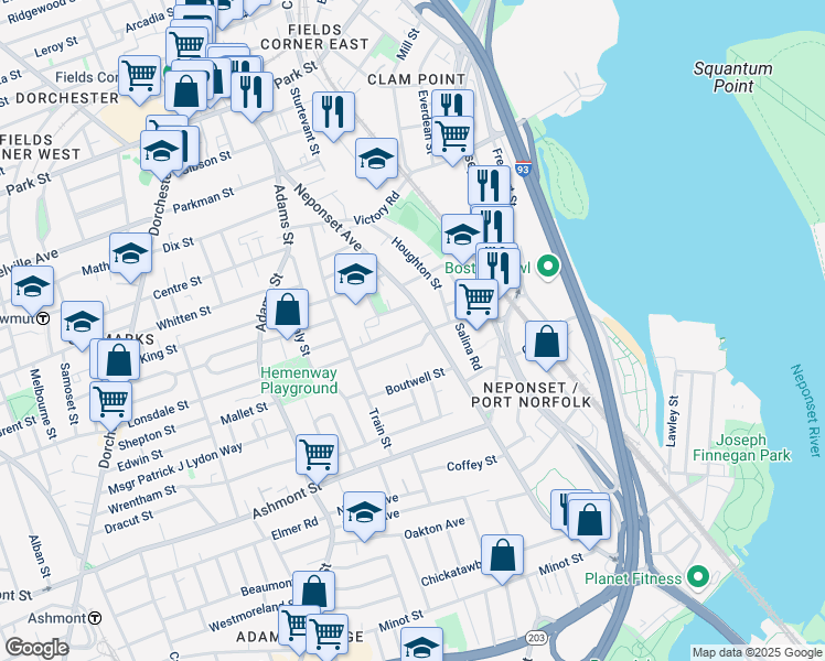 map of restaurants, bars, coffee shops, grocery stores, and more near 22 North Munroe Terrace in Boston