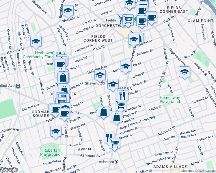 map of restaurants, bars, coffee shops, grocery stores, and more near 7 Clementine Park in Boston