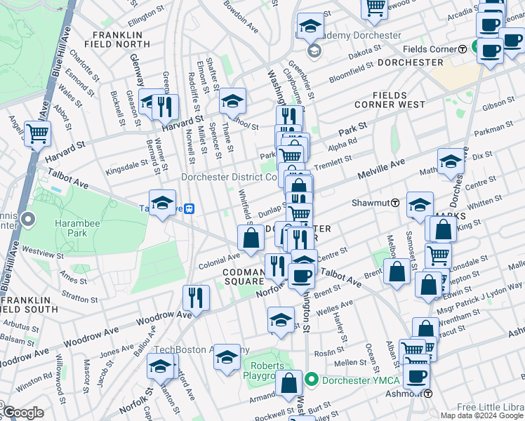 map of restaurants, bars, coffee shops, grocery stores, and more near 87 Whitfield Street in Boston