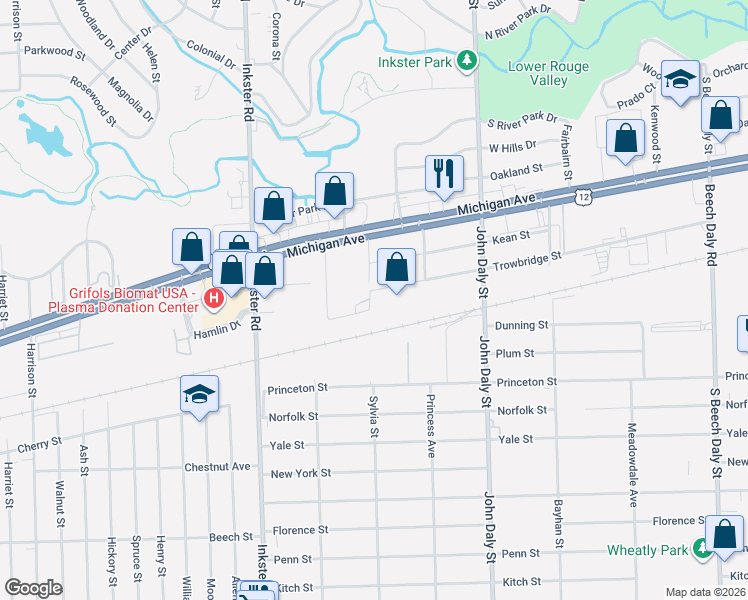 map of restaurants, bars, coffee shops, grocery stores, and more near 2610 Sylvia Street in Inkster