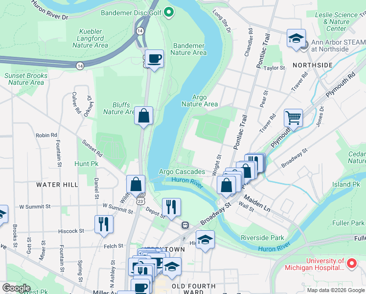 map of restaurants, bars, coffee shops, grocery stores, and more near 539 Longshore Drive in Ann Arbor