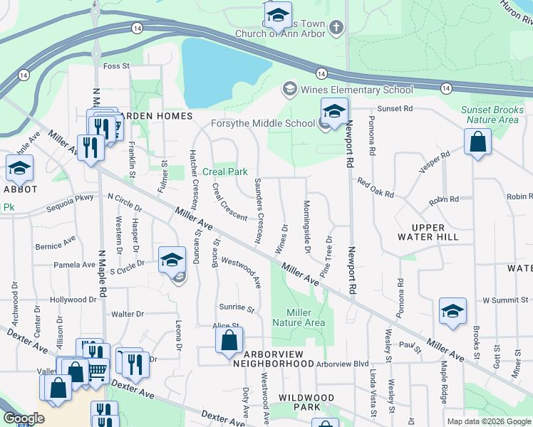 map of restaurants, bars, coffee shops, grocery stores, and more near 1200 Saunders Crescent in Ann Arbor