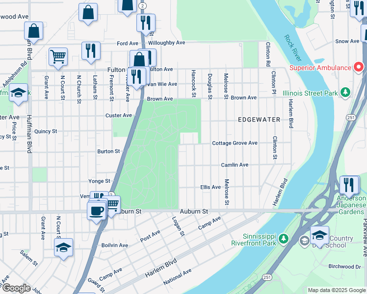 map of restaurants, bars, coffee shops, grocery stores, and more near 1918 Hancock Street in Rockford