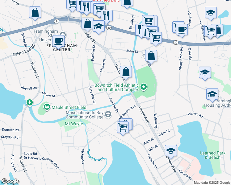 map of restaurants, bars, coffee shops, grocery stores, and more near 40 River Street in Framingham