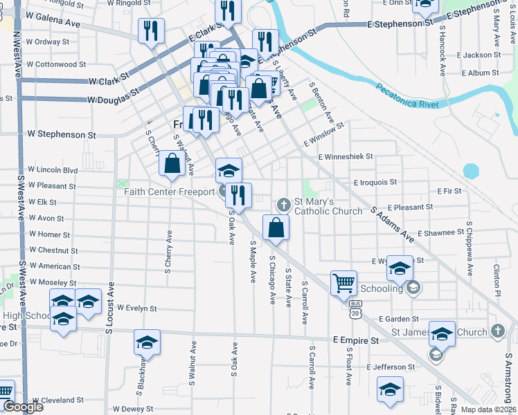 map of restaurants, bars, coffee shops, grocery stores, and more near 27 West Dexter Street in Freeport