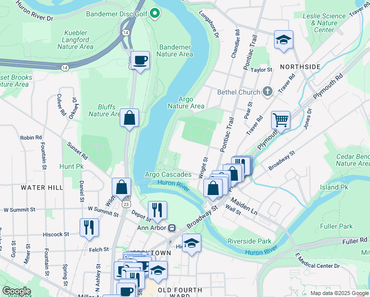 map of restaurants, bars, coffee shops, grocery stores, and more near 420 Kellogg Street in Ann Arbor