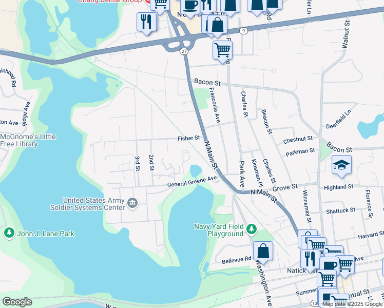 map of restaurants, bars, coffee shops, grocery stores, and more near 7 Heritage Lane in Natick