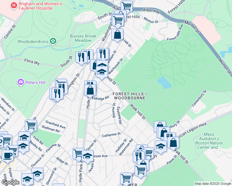map of restaurants, bars, coffee shops, grocery stores, and more near 2 Eastland Road in Boston