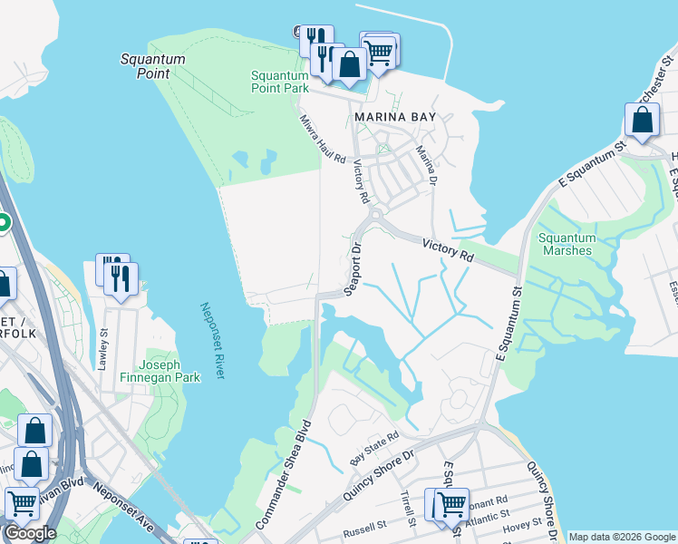 map of restaurants, bars, coffee shops, grocery stores, and more near 2 Seaport Drive in Quincy