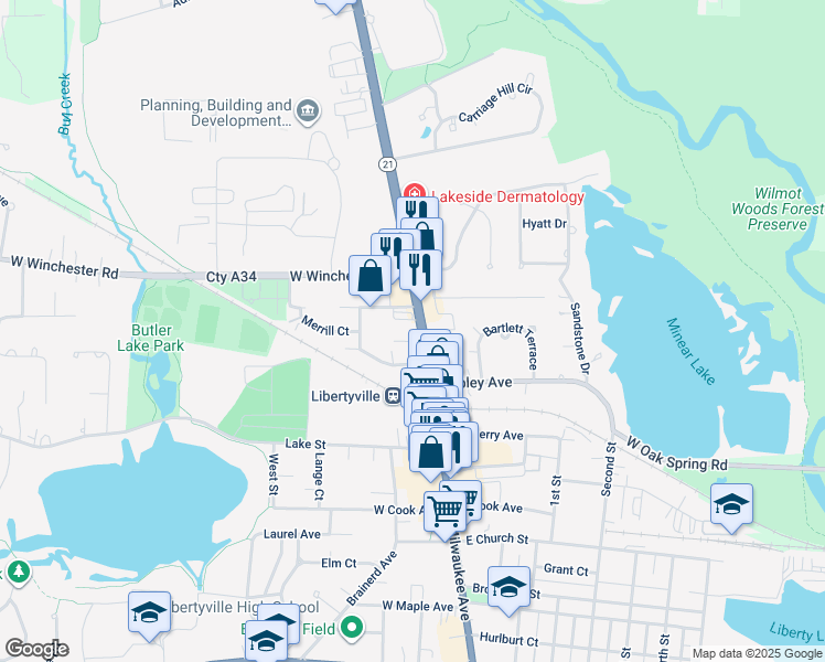 map of restaurants, bars, coffee shops, grocery stores, and more near in Libertyville