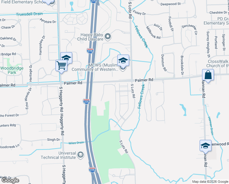 map of restaurants, bars, coffee shops, grocery stores, and more near 2447 Arcadia Drive in Canton