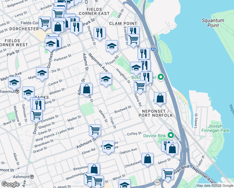 map of restaurants, bars, coffee shops, grocery stores, and more near 22 North Munroe Terrace in Boston