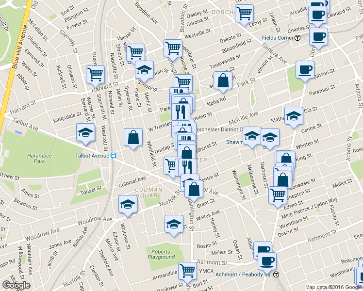 map of restaurants, bars, coffee shops, grocery stores, and more near in Boston