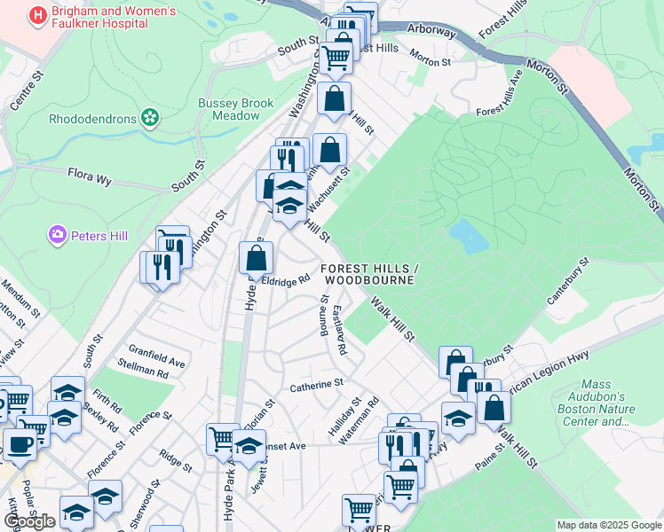map of restaurants, bars, coffee shops, grocery stores, and more near 2 Eastland Road in Boston