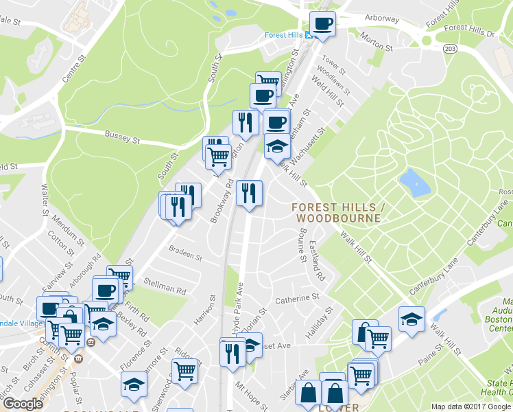 map of restaurants, bars, coffee shops, grocery stores, and more near in Boston