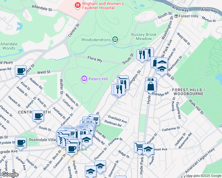 map of restaurants, bars, coffee shops, grocery stores, and more near 603 South Street in Boston