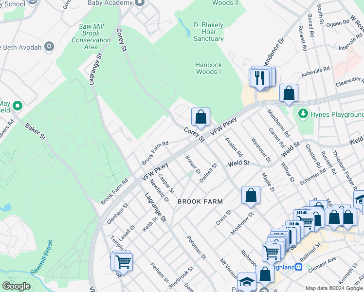 map of restaurants, bars, coffee shops, grocery stores, and more near 747 VFW Parkway in Boston