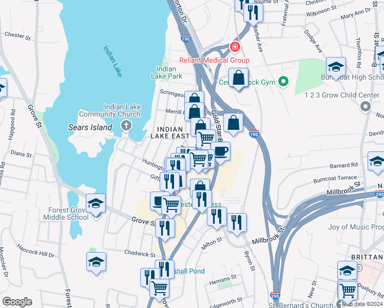 map of restaurants, bars, coffee shops, grocery stores, and more near 98 Massachusetts 12 in Worcester