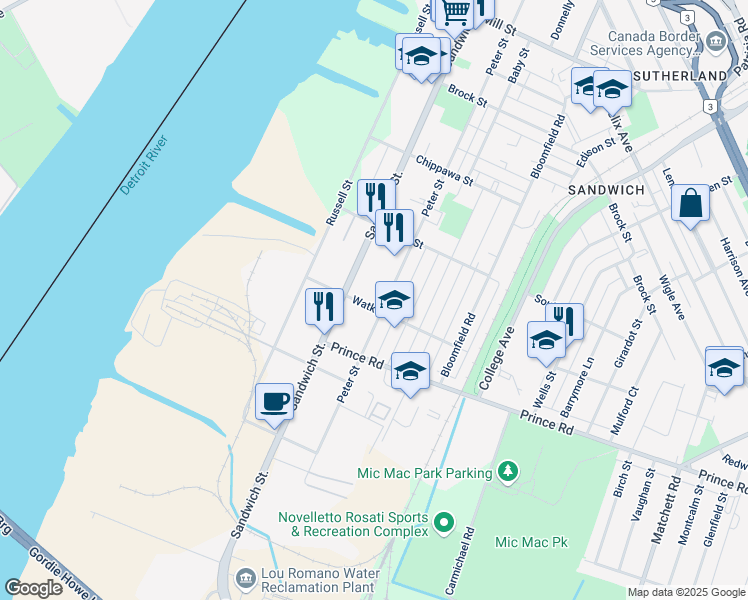 map of restaurants, bars, coffee shops, grocery stores, and more near 343 Watkins Street in Windsor