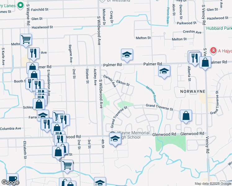 map of restaurants, bars, coffee shops, grocery stores, and more near 2304 Deerfield Court in Westland