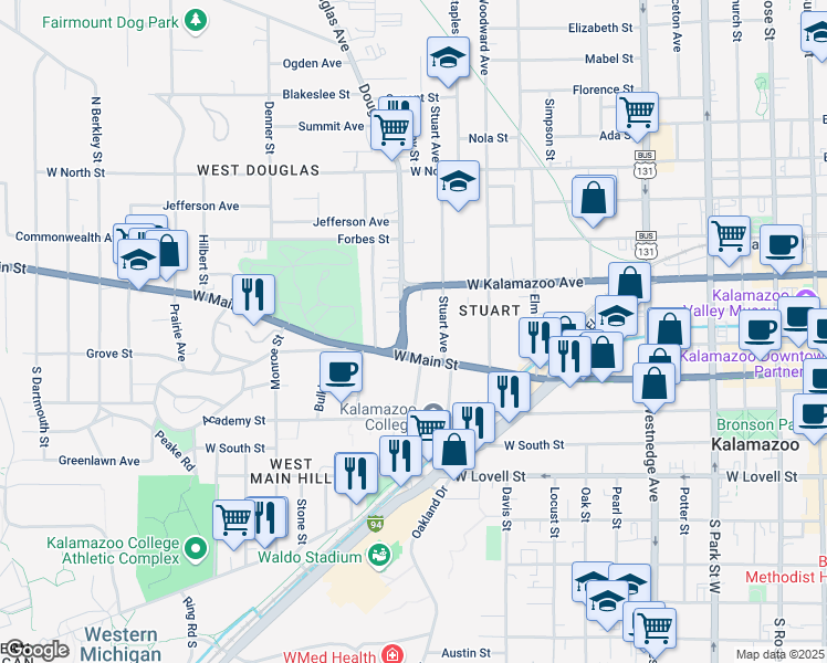 map of restaurants, bars, coffee shops, grocery stores, and more near 1102 West Main Street in Kalamazoo