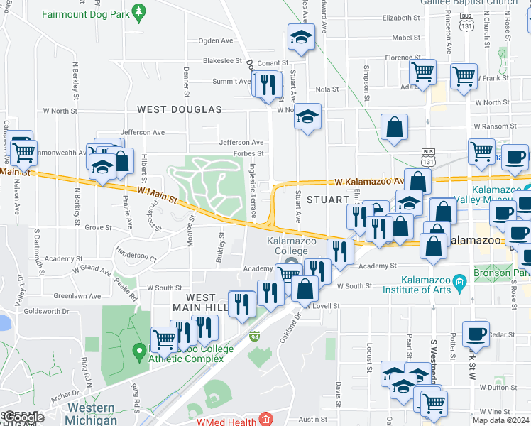 map of restaurants, bars, coffee shops, grocery stores, and more near 1102 West Main Street in Kalamazoo