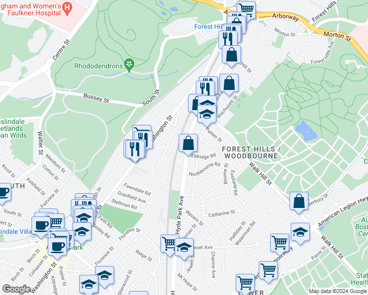 map of restaurants, bars, coffee shops, grocery stores, and more near 253 Hyde Park Avenue in Boston